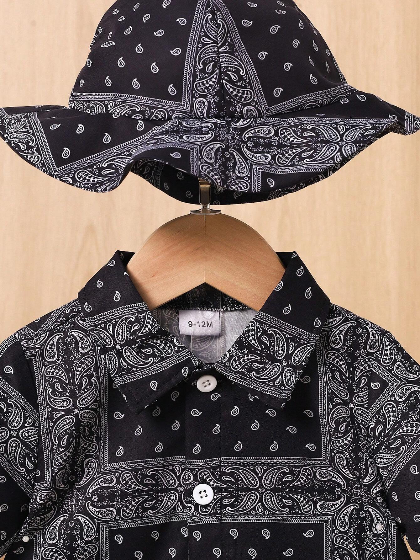 Baby Boy 3PCS Casual Paisley Scarf Print Print Shirt And Shorts Set And Hat