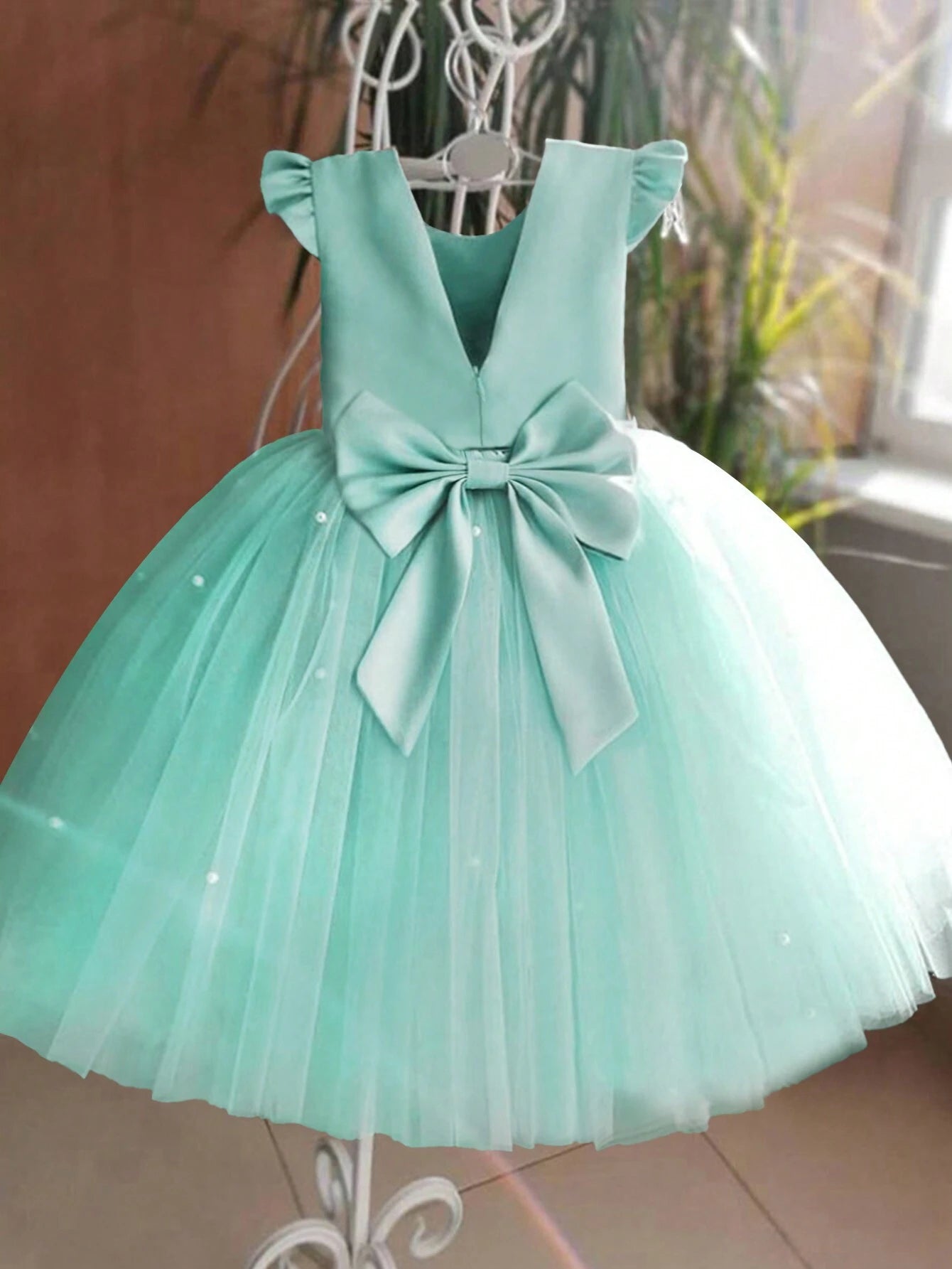 Girls' Flying Sleeve Mesh Tulle Princess Dress Cadet Blue