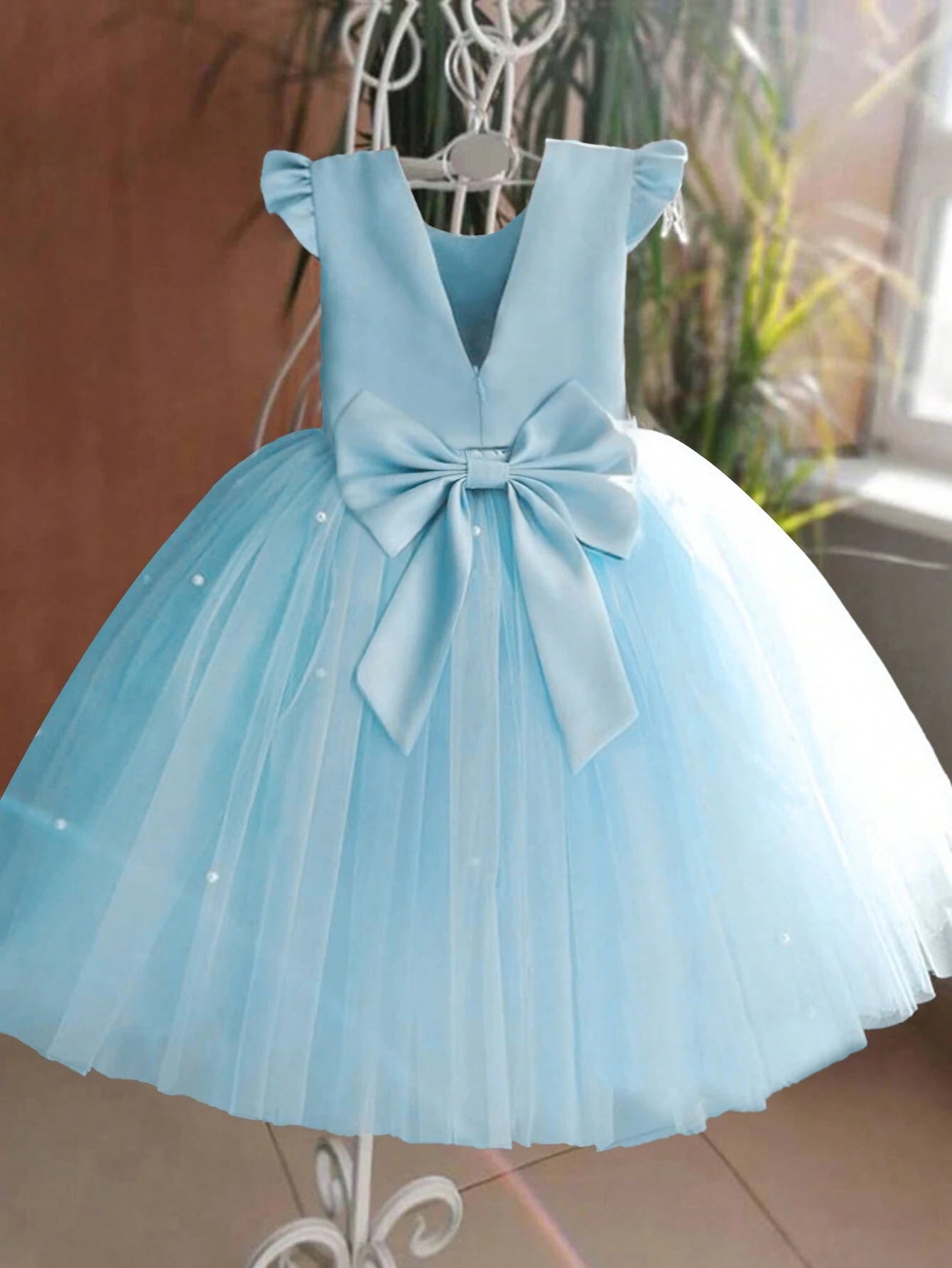 Girls' Flying Sleeve Mesh Tulle Princess Dress Blue
