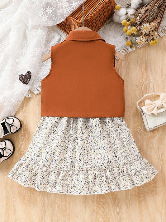 2pcs Young Girls' Casual Solid Color Sleeveless Short Shirt Jacket And Floral Allover Print Dress Set