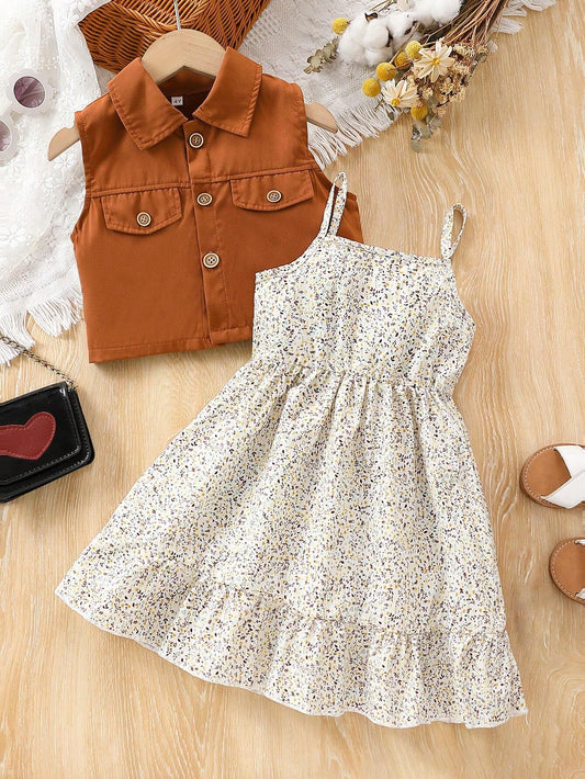 2pcs Young Girls' Casual Solid Color Sleeveless Short Shirt Jacket And Floral Allover Print Dress Set Brown