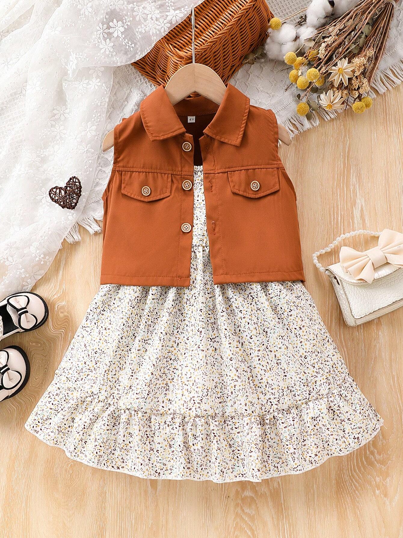 2pcs Young Girls' Casual Solid Color Sleeveless Short Shirt Jacket And Floral Allover Print Dress Set