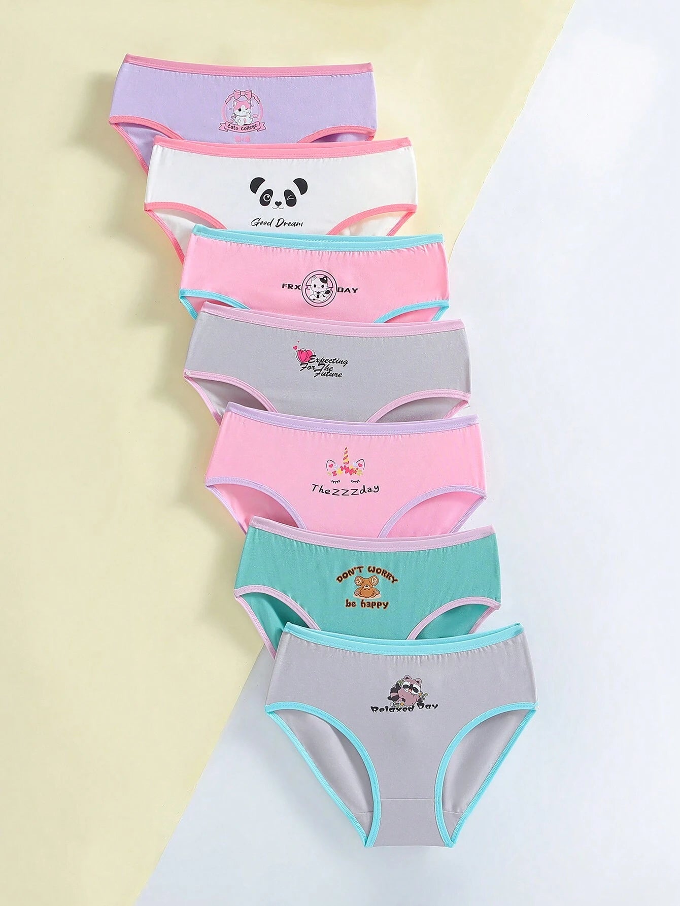 Tween Girl 7-Pack Colorblock Edging Cartoon Printed Triangle Panties Multicolor