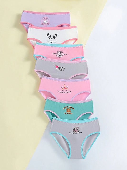 Tween Girl 7-Pack Colorblock Edging Cartoon Printed Triangle Panties Multicolor