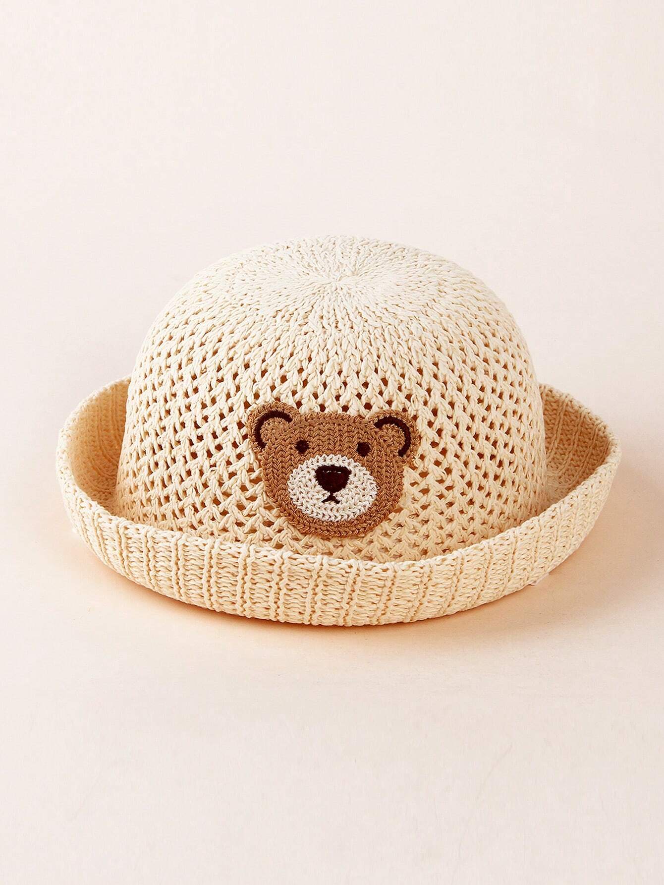 1pc Breathable Knitted Cartoon Bear Decor Sun Hat Beige 3-12M