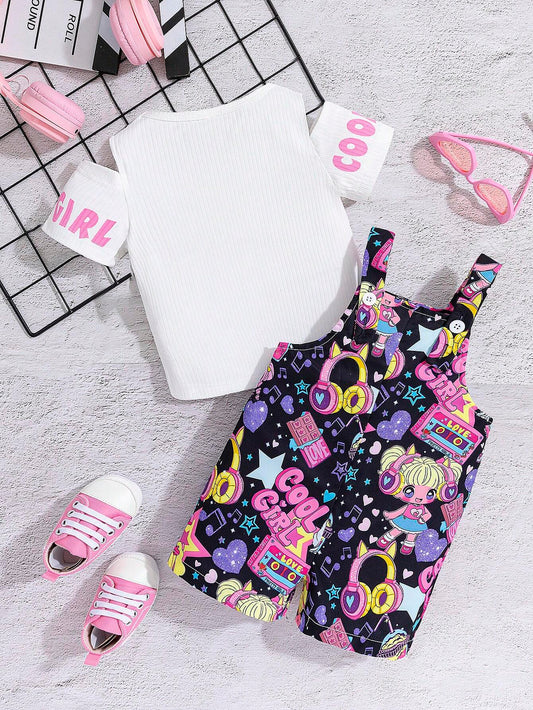 Stylish Off-Shoulder Short Sleeve Top And Cute Cartoon Digital Printed Suspenders Shorts