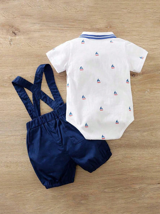 2pcs/Set Baby Boy Sailboat Printed Short Sleeve Romper And Dungaree Shorts Set