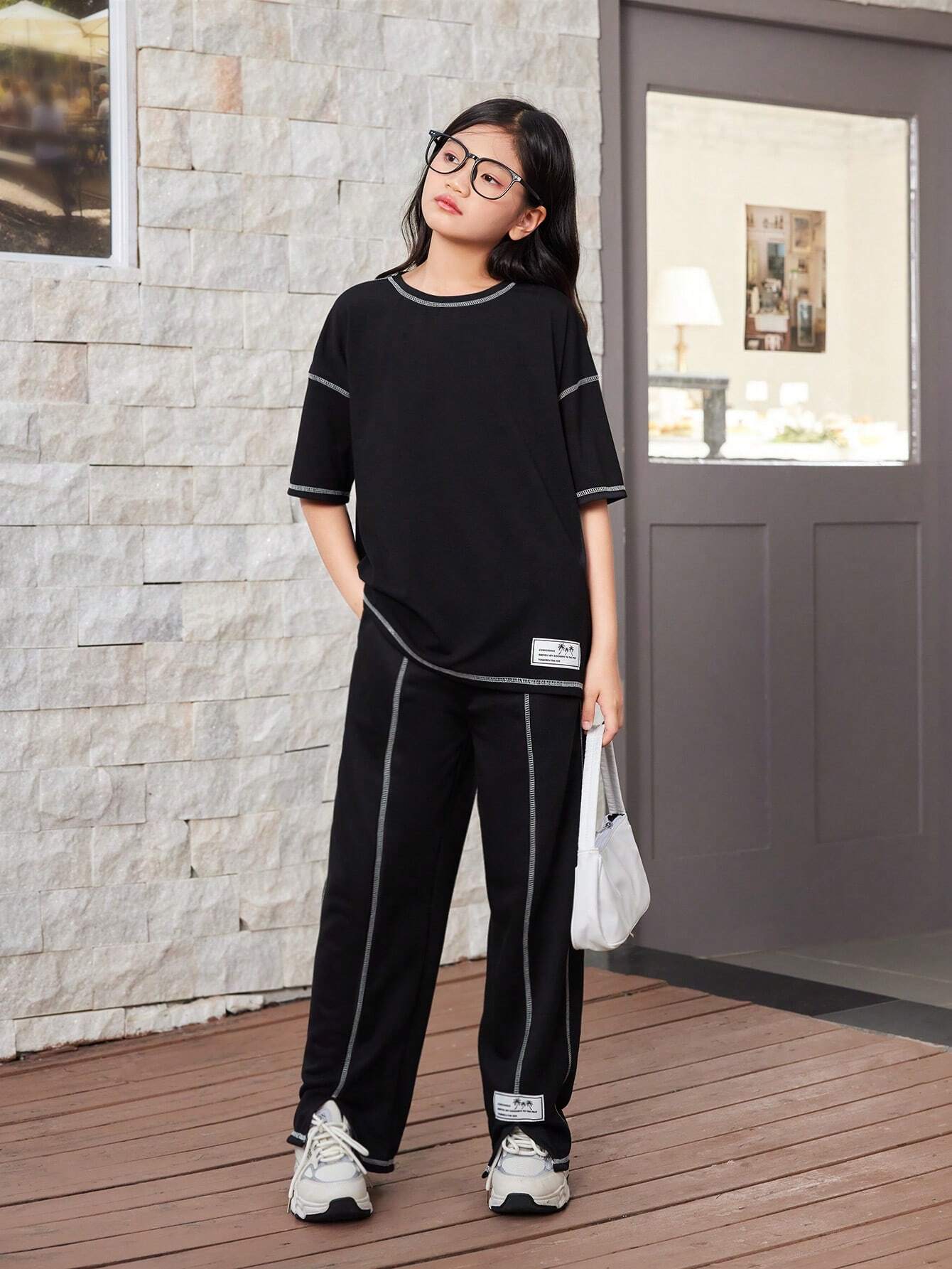 Tween Girl Loose Casual Contrast Color Knit Label Diamond Decor Loose T-Shirt Wide Leg Pants