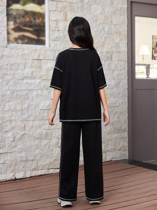 Tween Girl Loose Casual Contrast Color Knit Label Diamond Decor Loose T-Shirt Wide Leg Pants