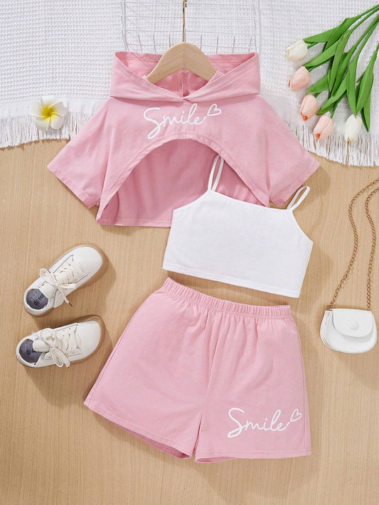 Knitted Solid Color Hooded Short Sleeve Shorts Set + Knitted Tank Top Pink