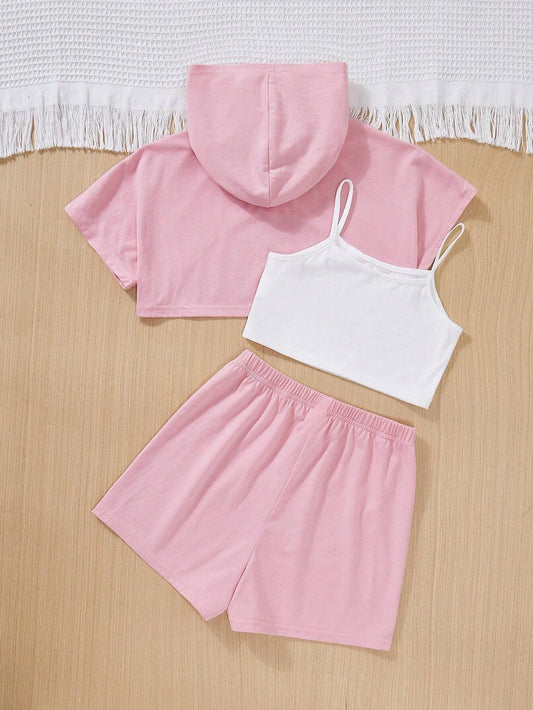 Knitted Solid Color Hooded Short Sleeve Shorts Set + Knitted Tank Top
