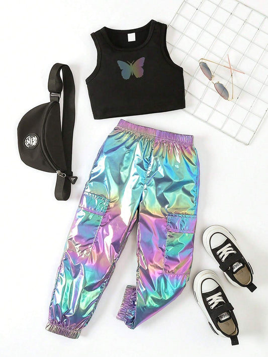2pcs Young Girl Summer Fashionable Colorful Night Luminous Long Pants Set Multicolor