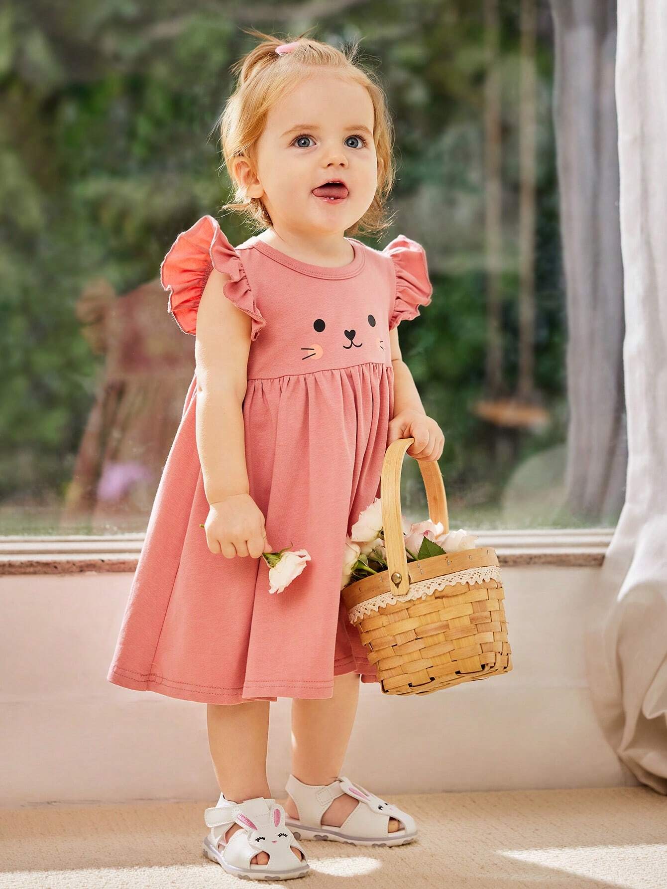 Baby Girl Cartoon Bunny Patterned Short Sleeve Dress With Ruffles And Waistband