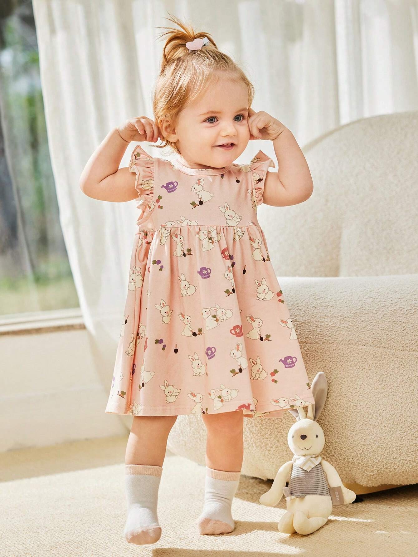 Baby Girl Cartoon Bunny Patterned Short Sleeve Dress With Ruffles And Waistband