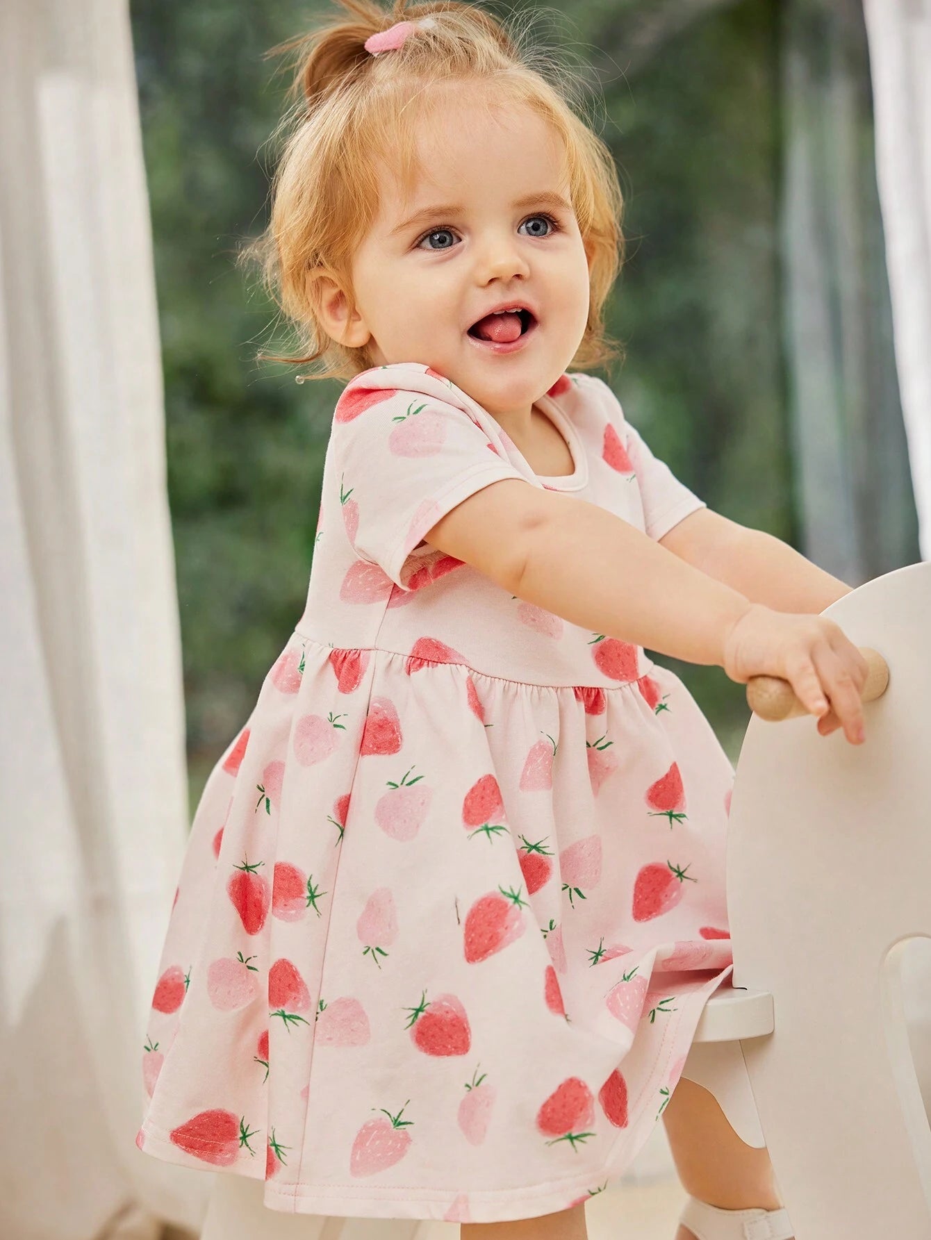 Baby Girl Short Sleeve Cartoon Patterned A-Line Dress With Elastic Waistband