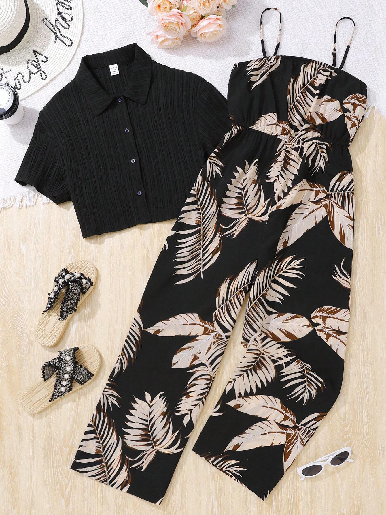 Teen Girl Woven Solid Color Raised Grid Collar Short Sleeve Shirt & Plant Printed Spaghetti Strap Jumpsuit Black
