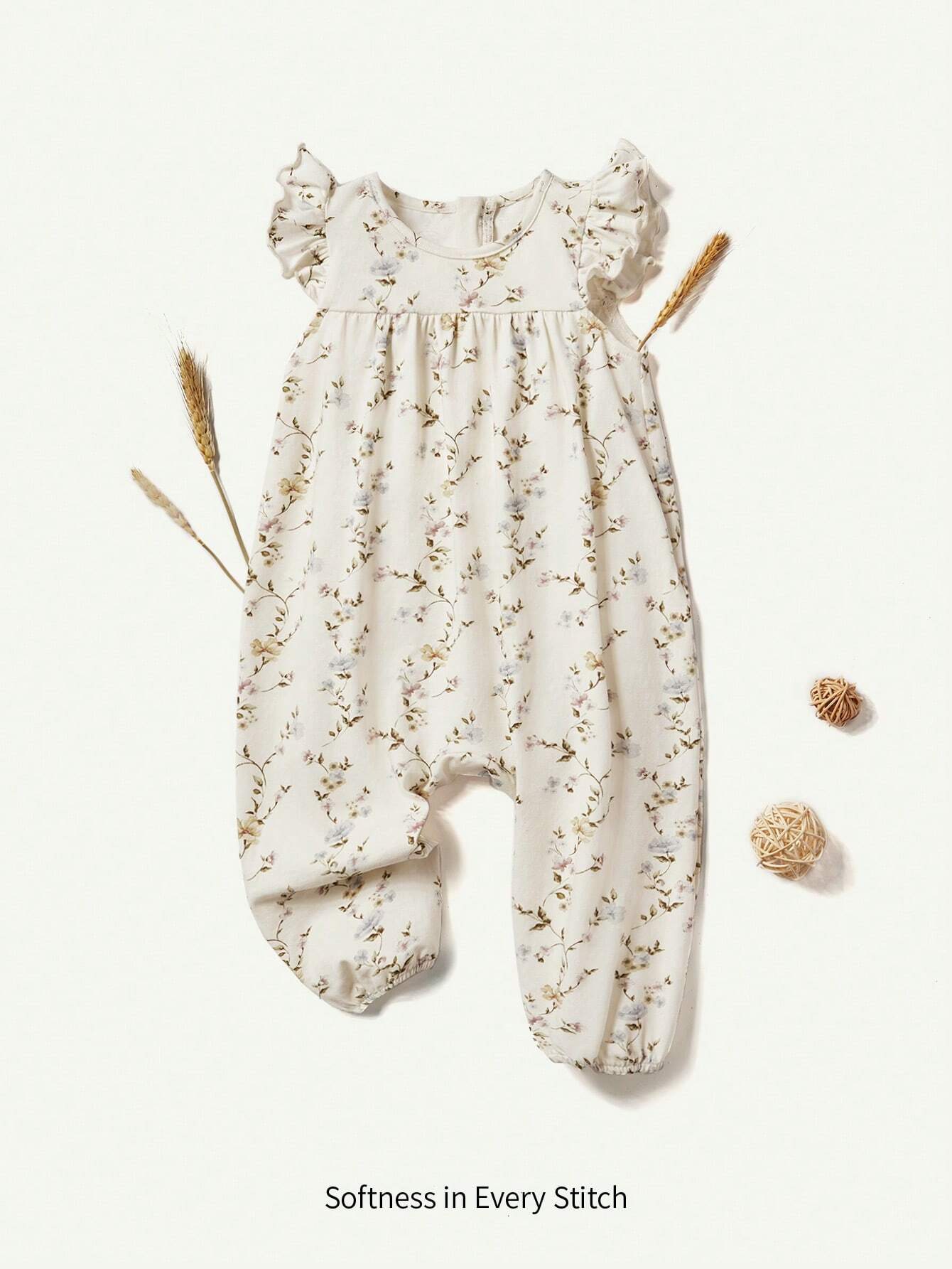 Baby Girl Knitted Floral Pattern Soft Round Neck Sleeveless Jumpsuit With Ruffled Waistband