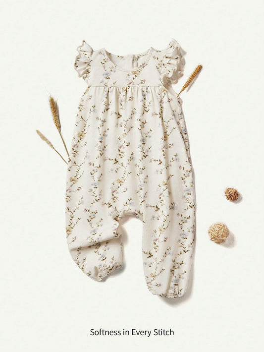 Baby Girl Knitted Floral Pattern Soft Round Neck Sleeveless Jumpsuit With Ruffled Waistband