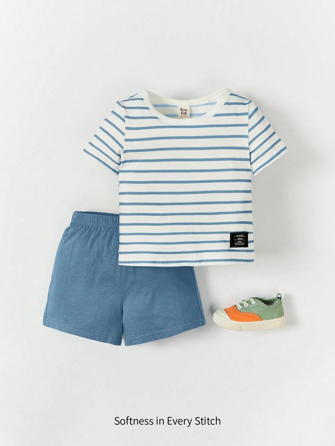 Cozy Pixies Baby Boy Letter & Striped Print Tee & Shorts Blue 1-3M