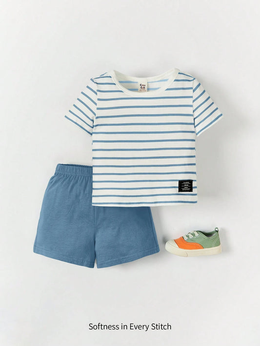Cozy Pixies Baby Boy Letter & Striped Print Tee & Shorts Blue 1-3M