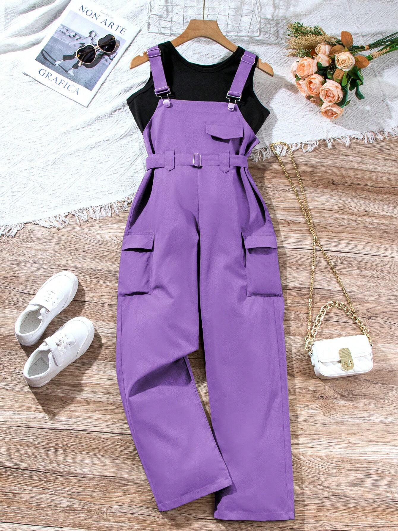 Casual 2 Pieces Set - Workwear Overalls Pants And Solid Color Round Neck Vest Purple