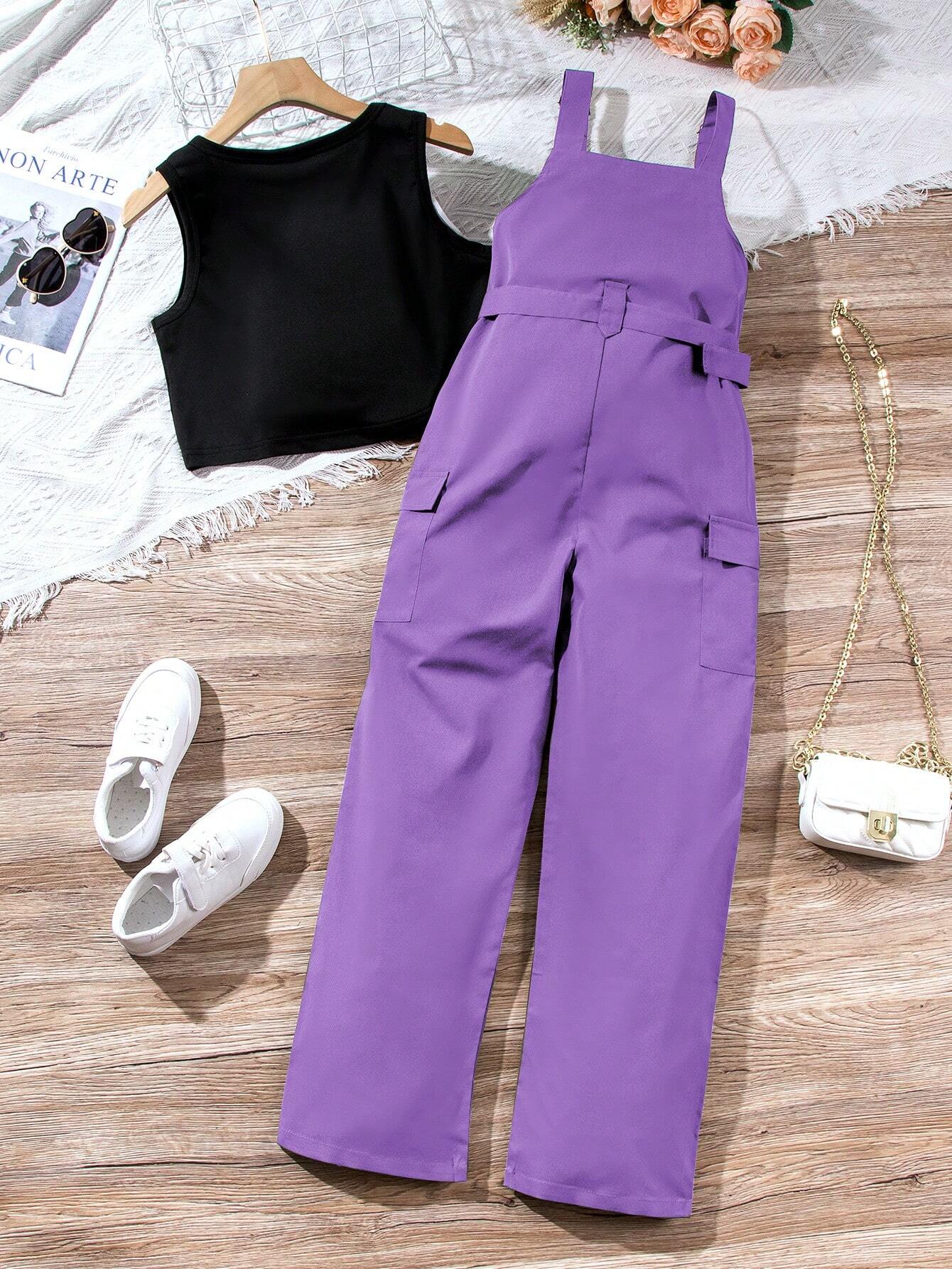 Casual 2 Pieces Set - Workwear Overalls Pants And Solid Color Round Neck Vest