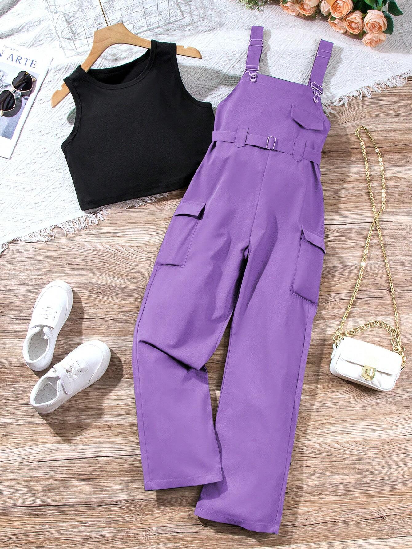 Casual 2 Pieces Set - Workwear Overalls Pants And Solid Color Round Neck Vest