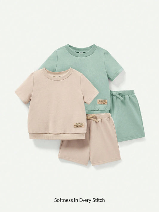 4pcs Baby Boy's Short Sleeve T-Shirt With Woven Label And Shorts Set Blue