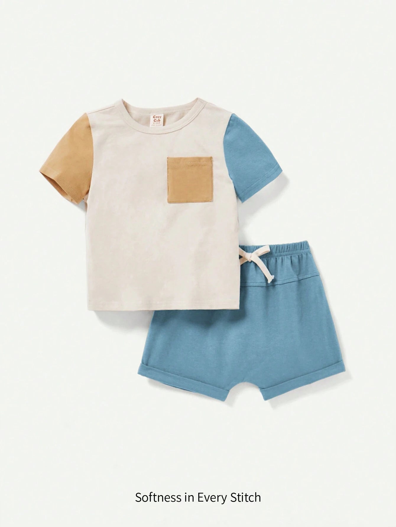 Baby Boys' Color Block Round Neck Short Sleeve Top And Solid Color Shorts Set Multicolor