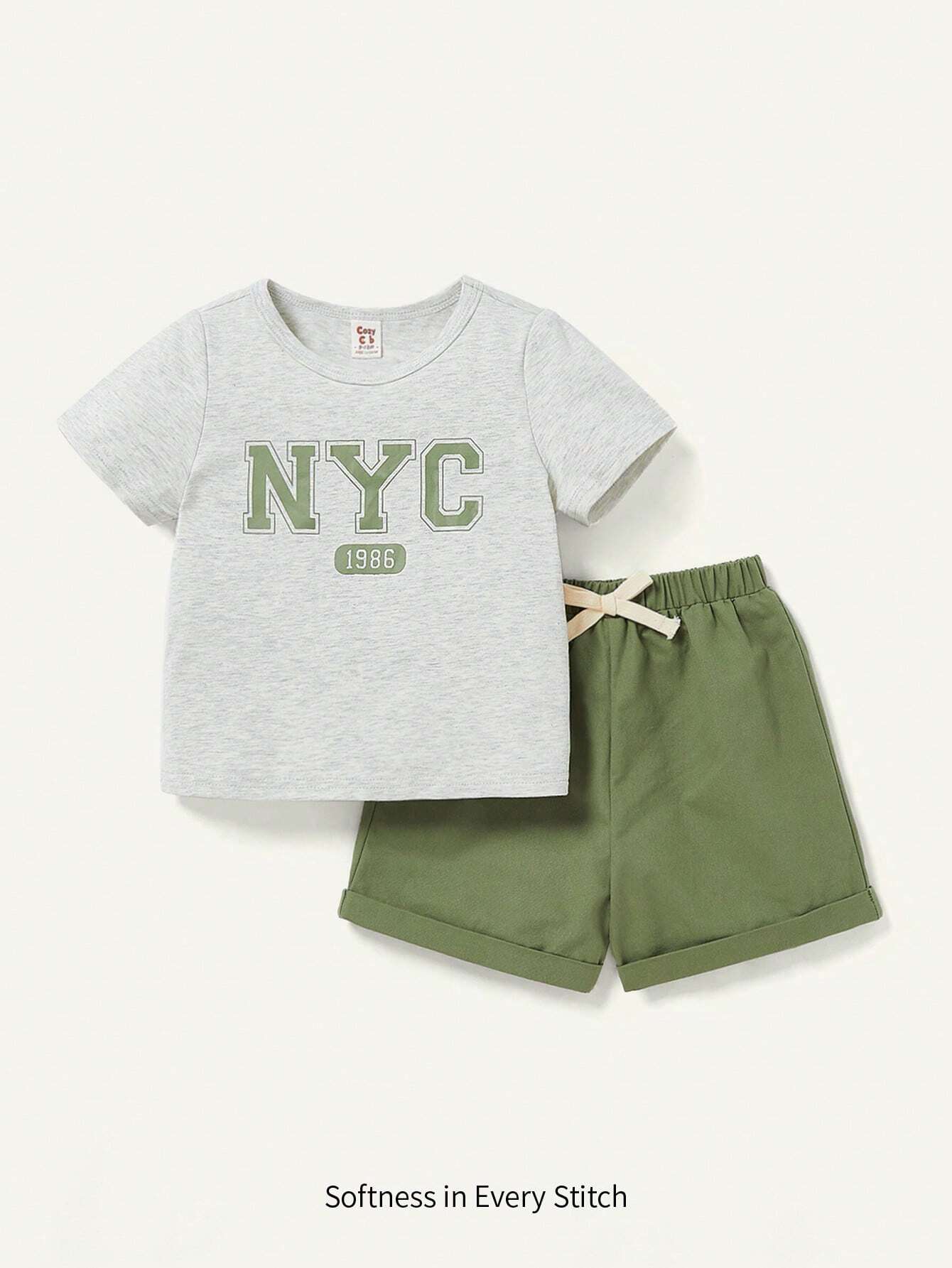 Baby Boys' Letter Printed Round Neck T-Shirt & Solid Color Shorts Set Green