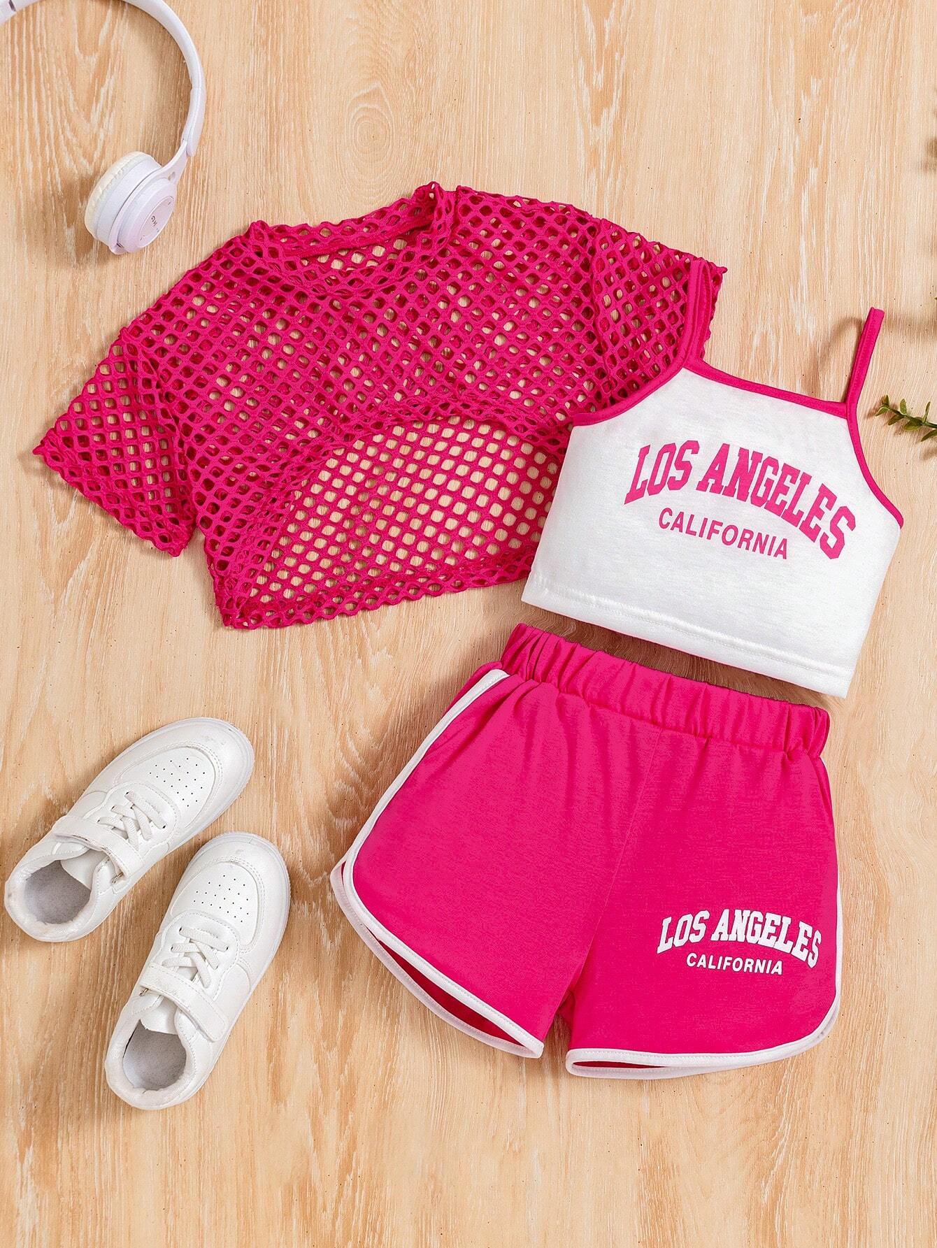 Young Girl Letter Print Color Block Trim Cami Vest Top & Mesh Crop Top & Shorts Hot Pink