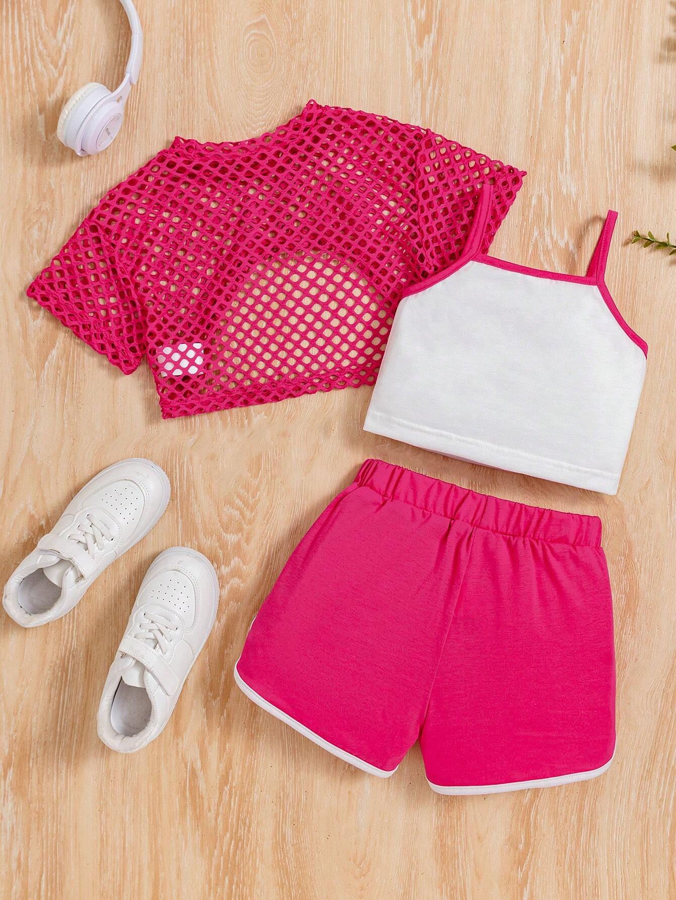 Young Girl Letter Print Color Block Trim Cami Vest Top & Mesh Crop Top & Shorts