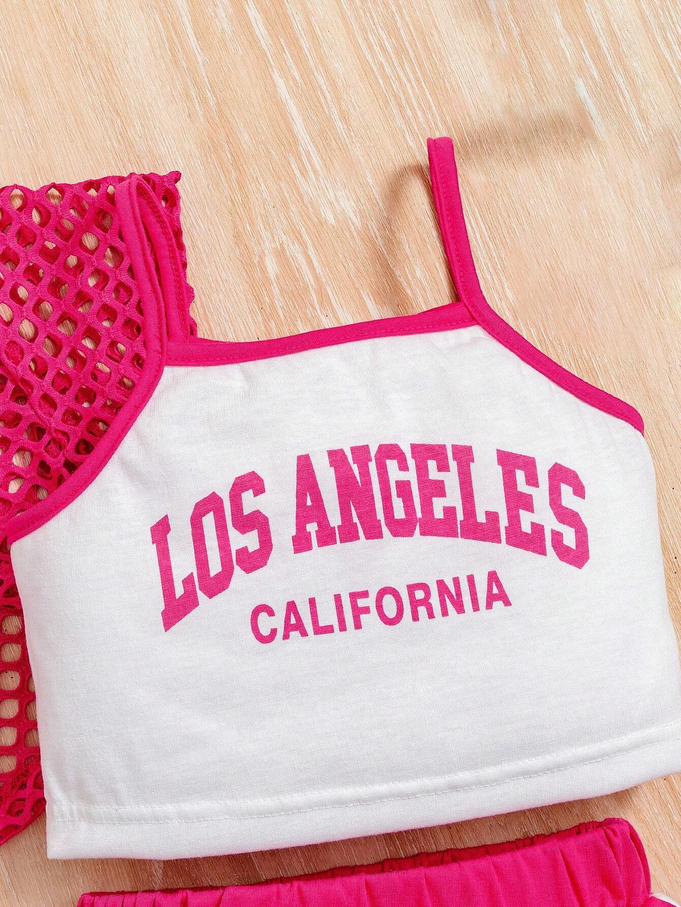 Young Girl Letter Print Color Block Trim Cami Vest Top & Mesh Crop Top & Shorts