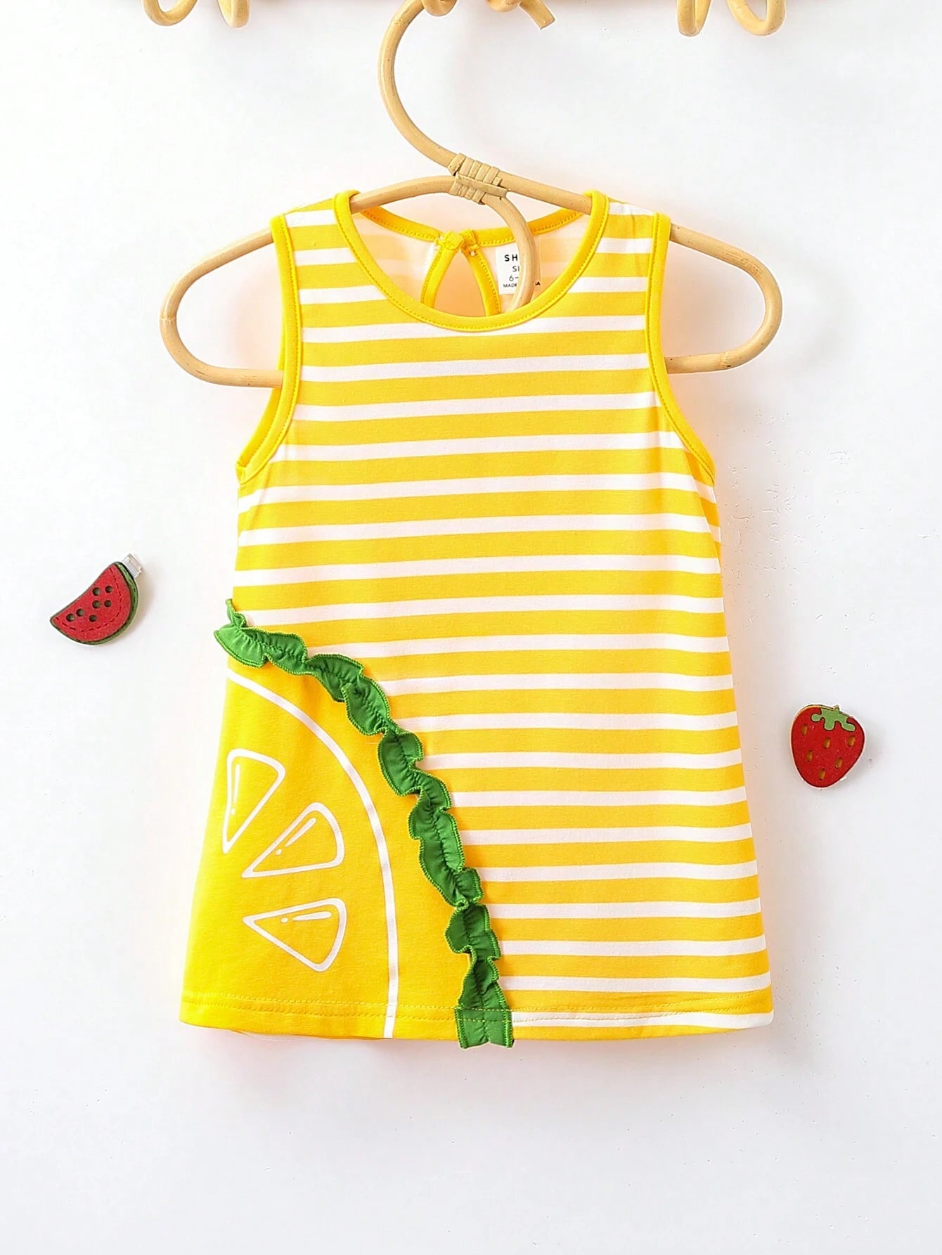 Baby Girl Striped Spliced Ruffle Trim Sleeveless Casual Dress Yellow