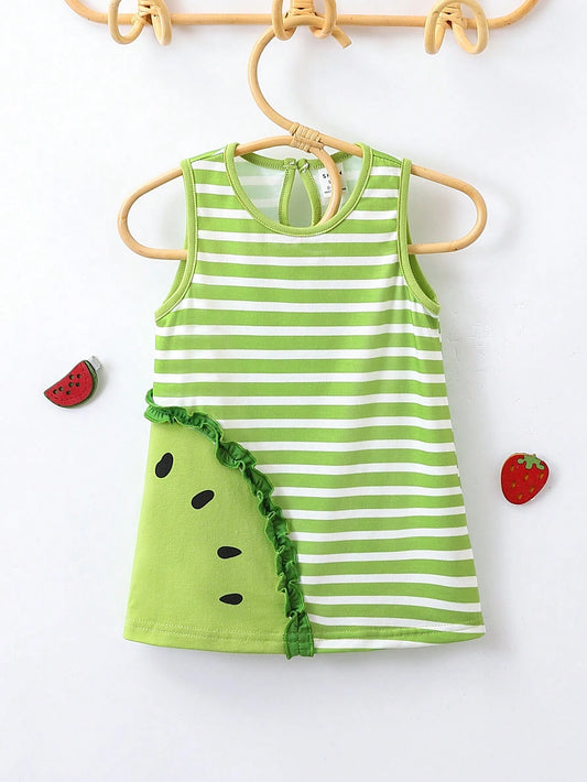 Baby Girl Striped Spliced Ruffle Trim Sleeveless Casual Dress Green