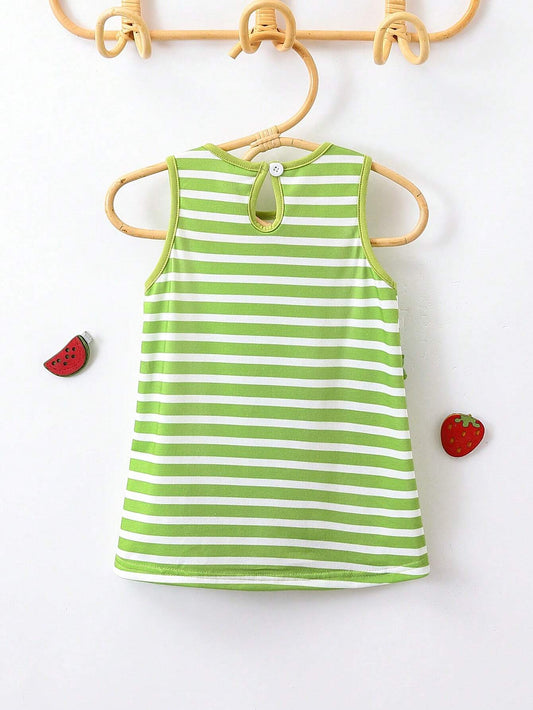 Baby Girl Striped Spliced Ruffle Trim Sleeveless Casual Dress