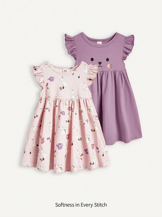 Baby Girl Cartoon Bunny Patterned Short Sleeve Dress With Ruffles And Waistband Purple