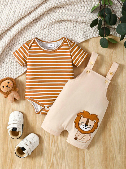 Baby Boy Summer Round Neck Short Sleeve Striped Romper + Lion Embroidery Overalls Set Multicolor