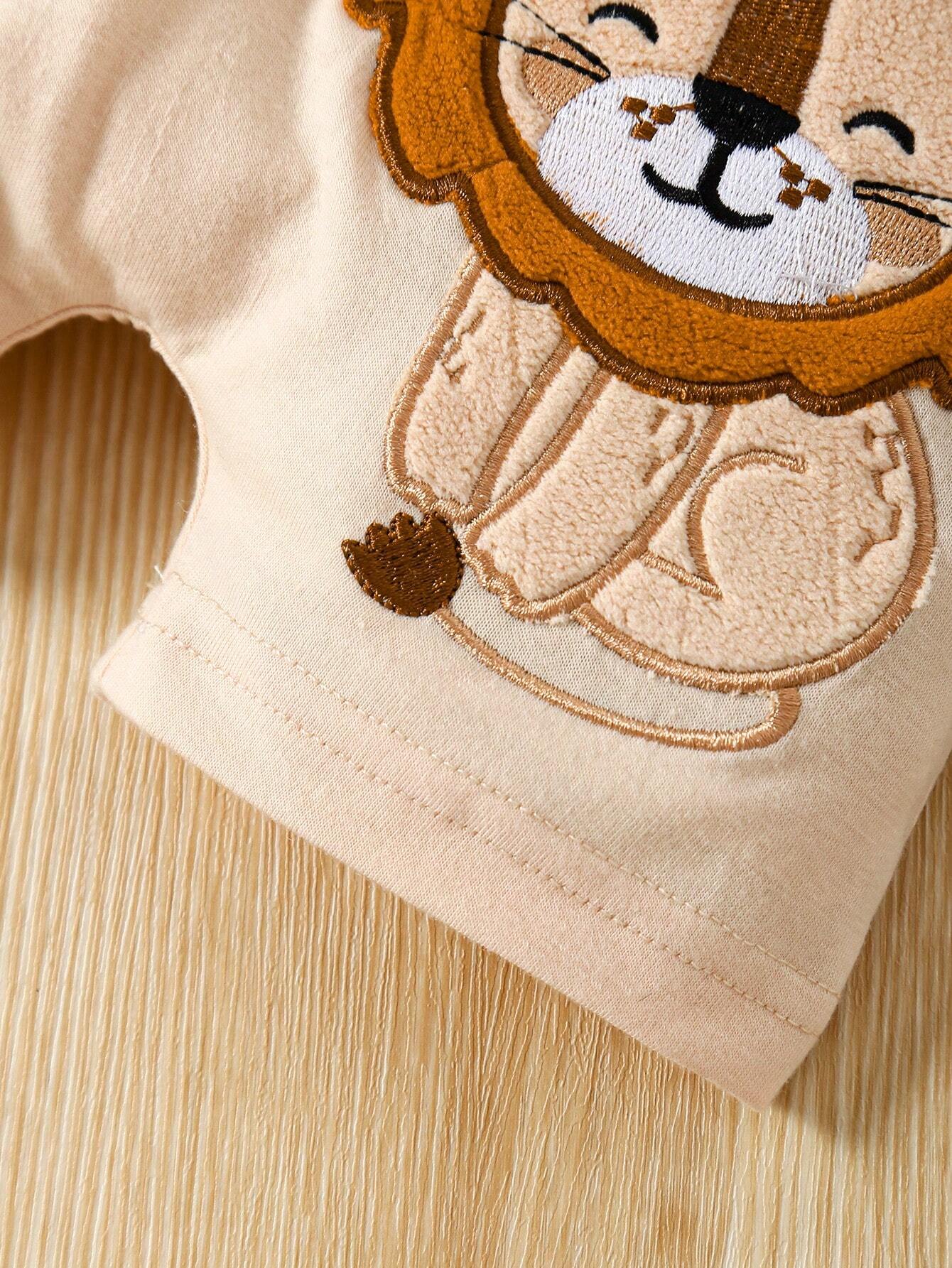 Baby Boy Summer Round Neck Short Sleeve Striped Romper + Lion Embroidery Overalls Set