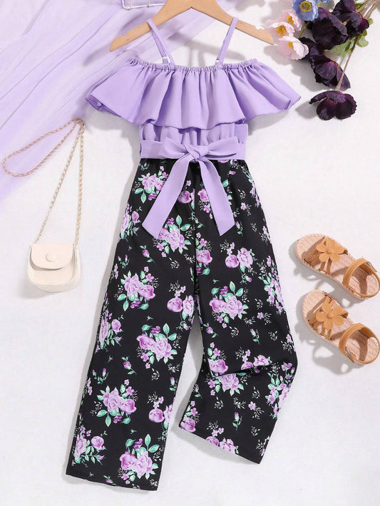 Young Girl Floral Print Splice Ruffled Off-Shoulder Loose Jumpsuit With Wide Legs Multicolor