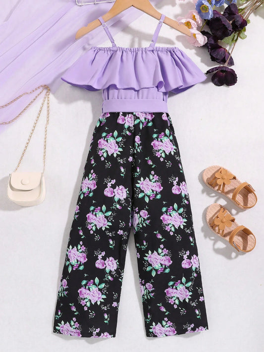 Young Girl Floral Print Splice Ruffled Off-Shoulder Loose Jumpsuit With Wide Legs