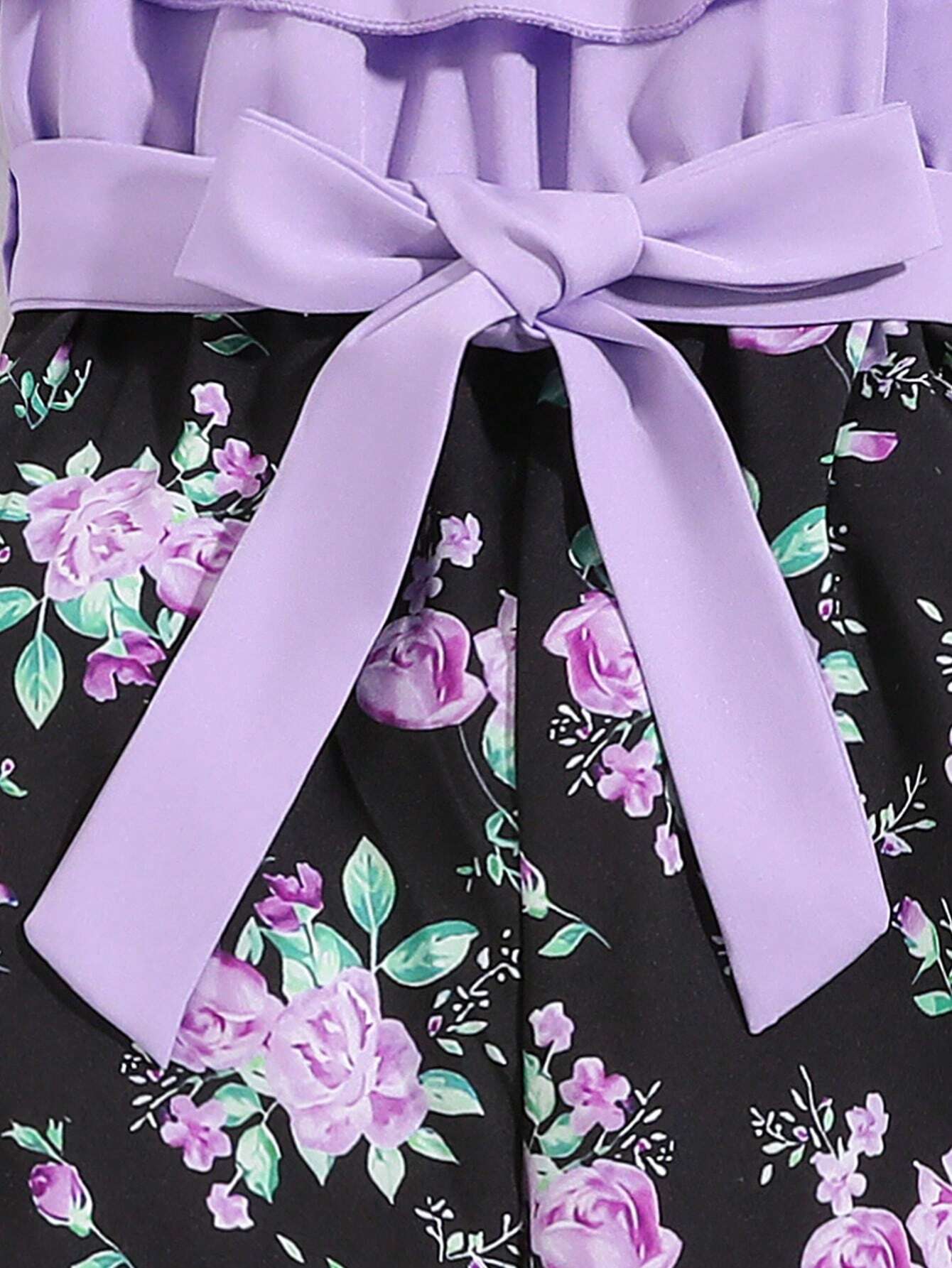 Young Girl Floral Print Splice Ruffled Off-Shoulder Loose Jumpsuit With Wide Legs