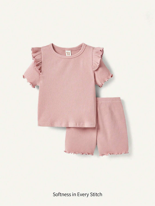 Baby Girls' Solid Color Round Neck Ruffle Hem Short Sleeve Top And Casual Shorts Set Pink