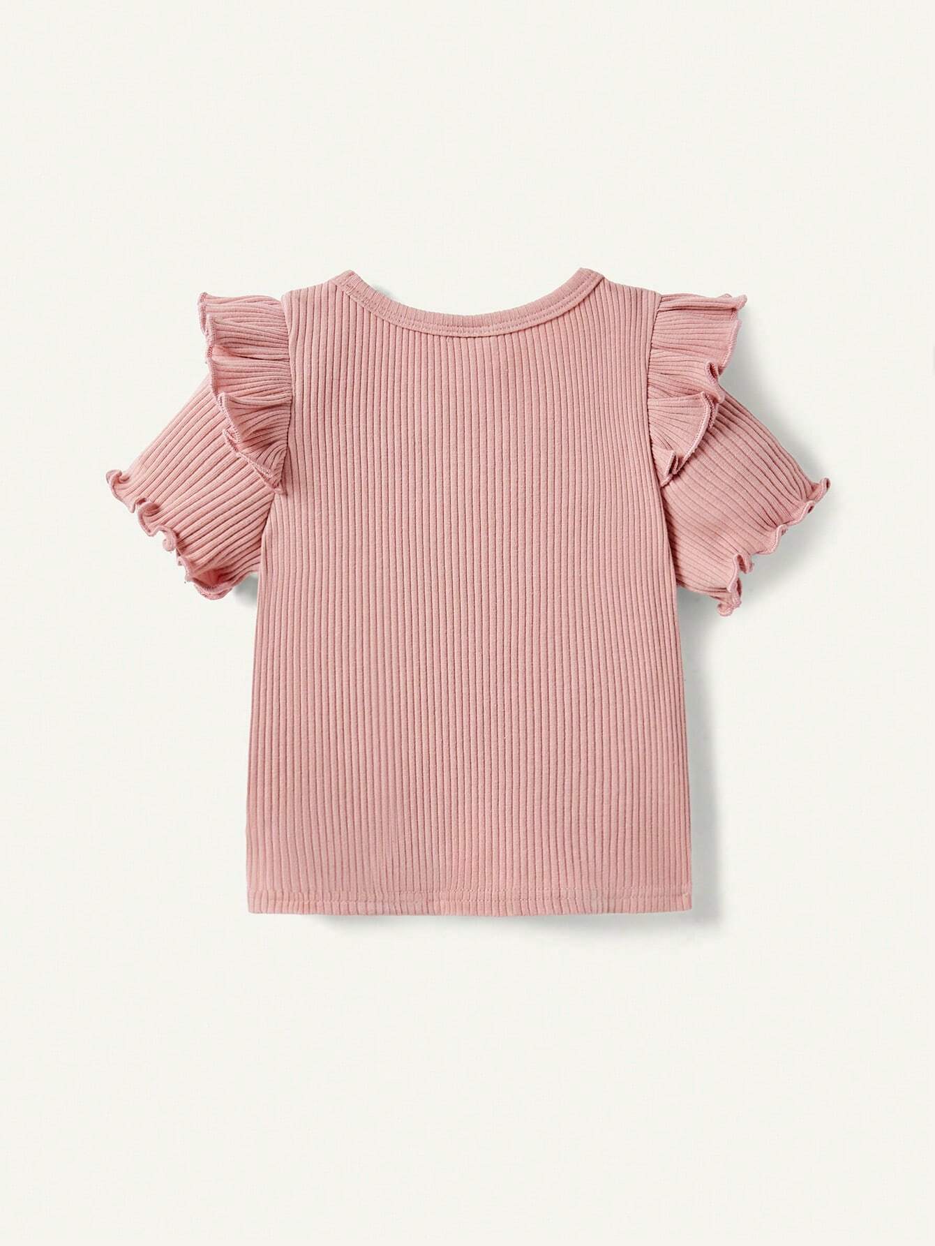 Baby Girls' Solid Color Round Neck Ruffle Hem Short Sleeve Top And Casual Shorts Set