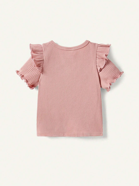 Baby Girls' Solid Color Round Neck Ruffle Hem Short Sleeve Top And Casual Shorts Set