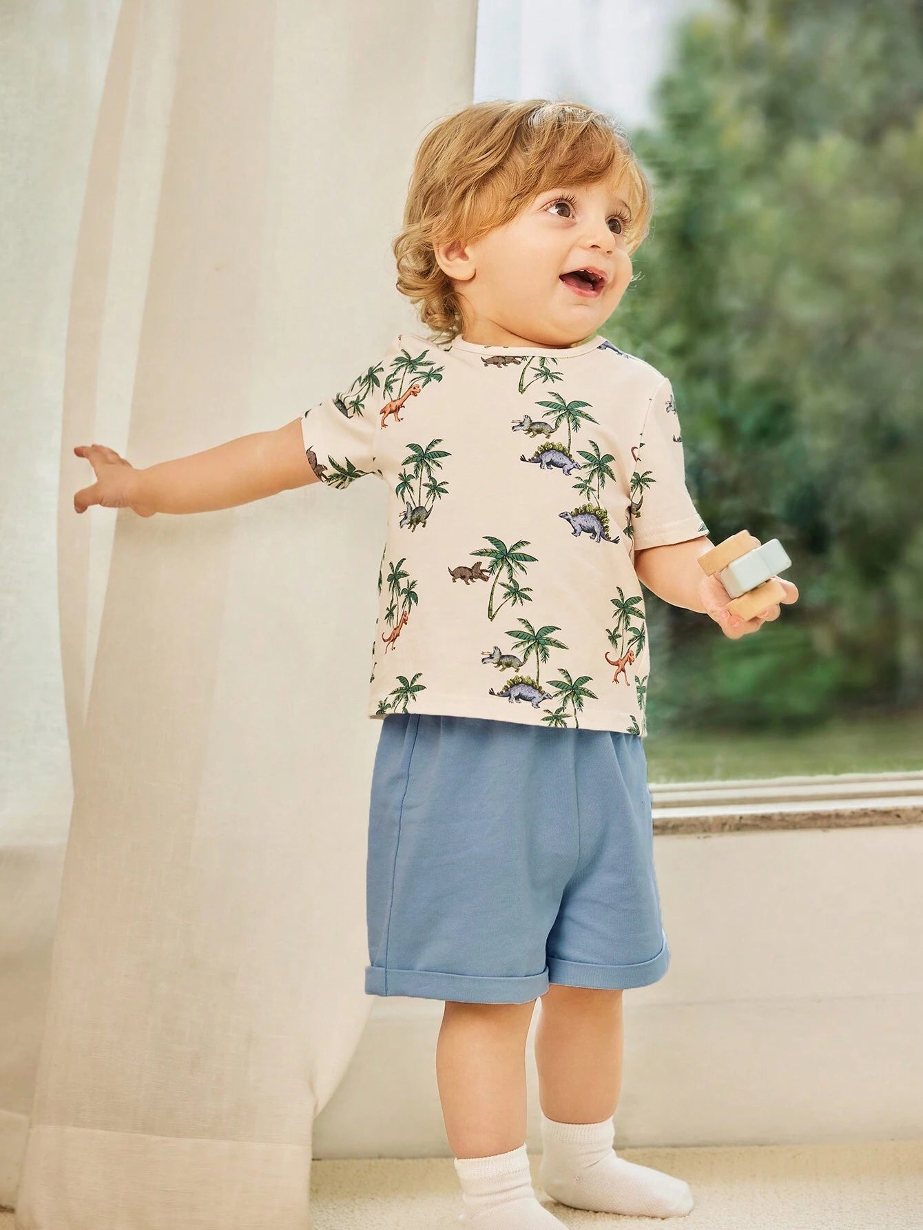 Baby Boy Casual Coconut Tree Pattern Round Neck Short Sleeve T-Shirt And Shorts Set Dusty Blue 12-18M