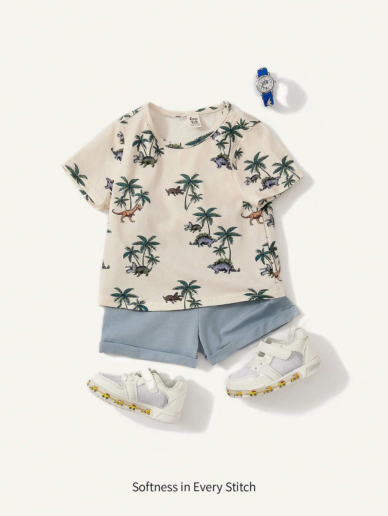 Baby Boy Casual Coconut Tree Pattern Round Neck Short Sleeve T-Shirt And Shorts Set