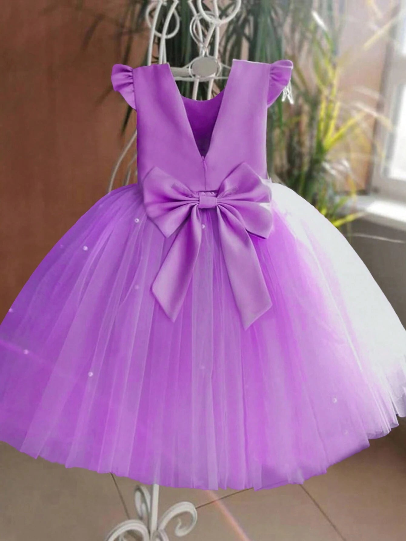 Girls' Flying Sleeve Mesh Tulle Princess Dress Purple