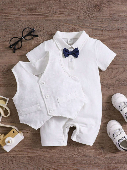 Baby Boy Woven Seersucker Embroidered Romper Shortall White