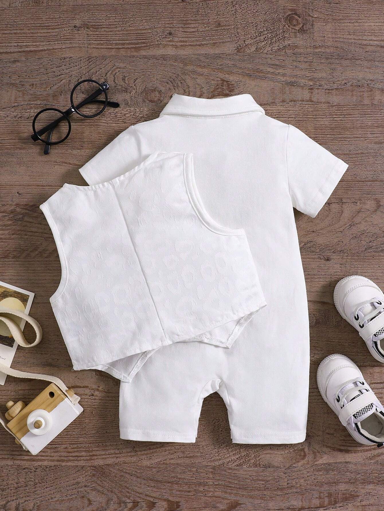 Baby Boy Woven Seersucker Embroidered Romper Shortall